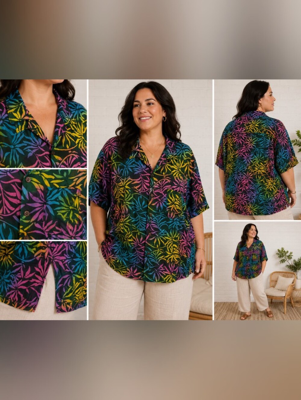 Purple Lotus Imports Tropical Hawaiian Rayon Camp Shirt XXL Rainbow Leaf NWOT